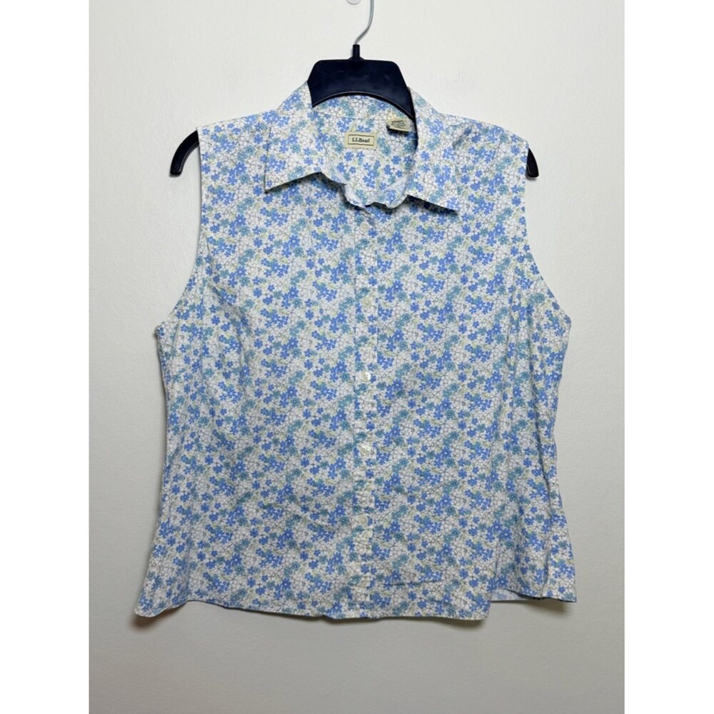 Vintage 90s L.L. Bean Floral Sleeveless Button Down Top XL Blue Cottagecore